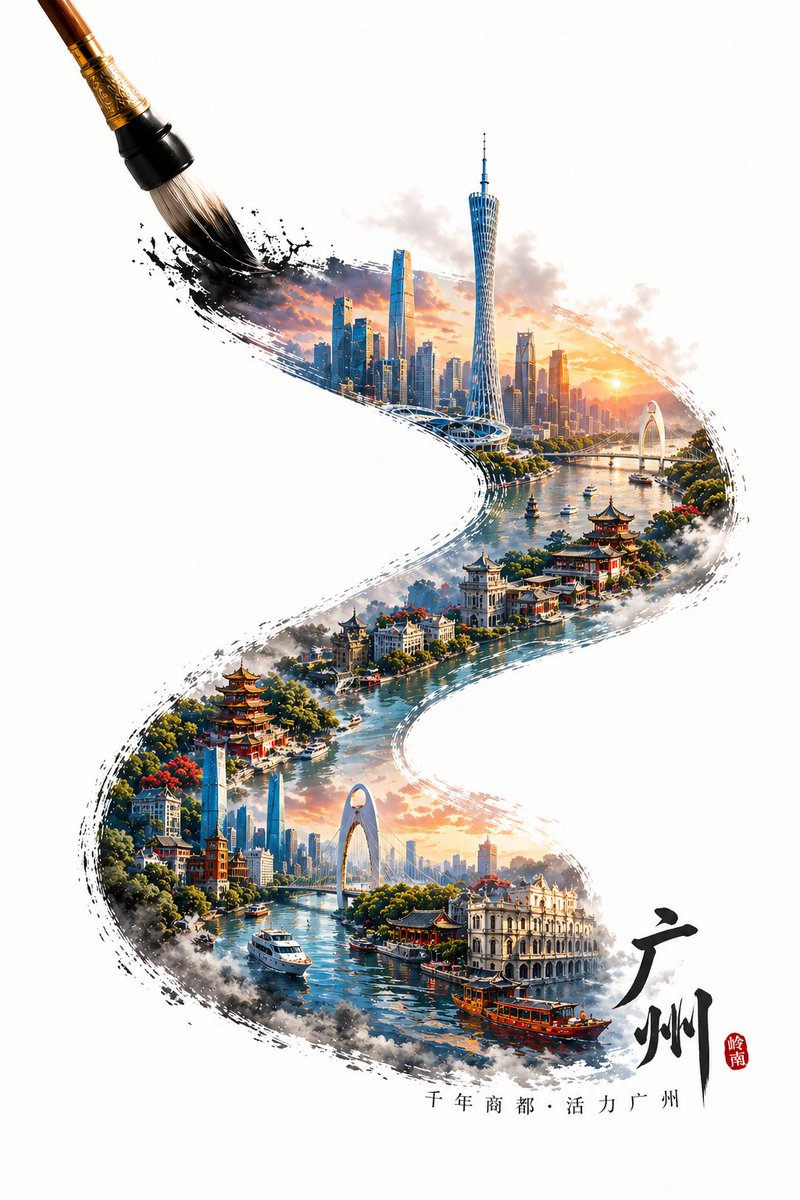 墨韵羊城微观立体海报 / Ink Guangzhou Micro 3d Poster，海报与插画，海报、插画、城市视觉，案例输出图 1