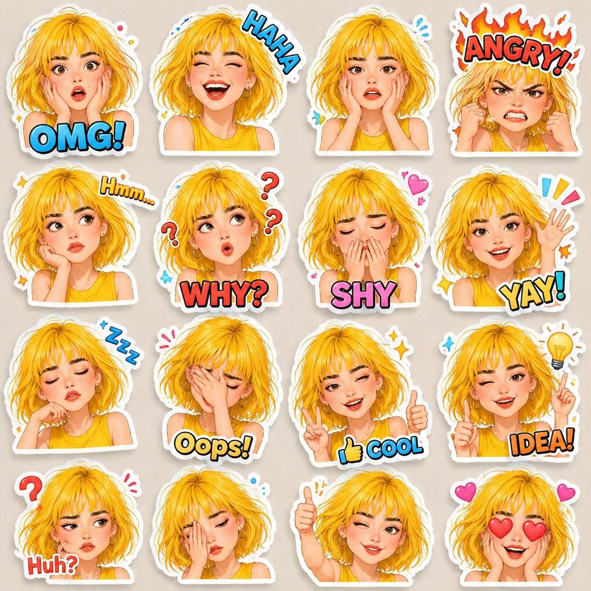 3D卡通少女表情贴纸组 / 3d Cartoon Girl Emoji Sticker，角色设计，插画、角色、角色设计，案例输出图 1