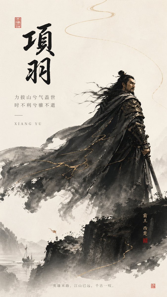 新中式极简项羽海报设计 / Neo Chinese Minimal Xiang Yu Poster Design，UI 与社交媒体截图，电影感、时尚、海报，案例输出图 1