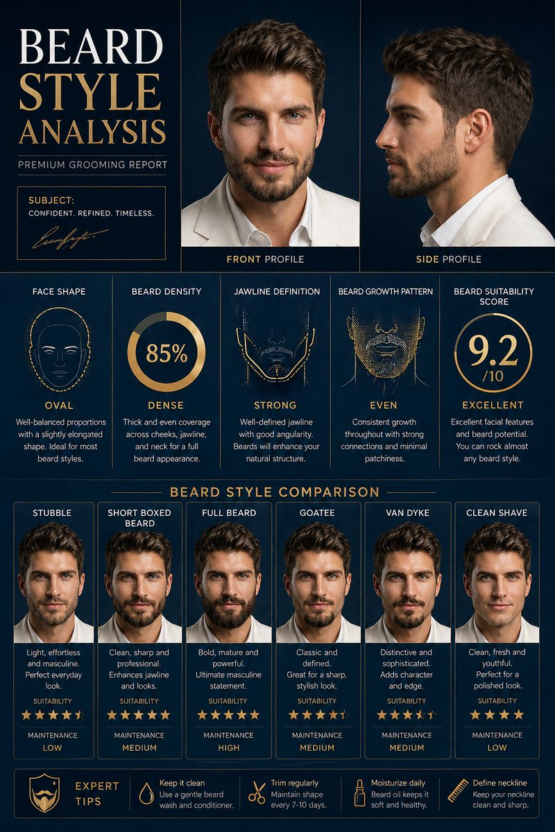 高端男士胡须风格分析海报 / Premium Beard Analysis Poster，模型对比与社区，海报、排版、信息图，案例输出图 1