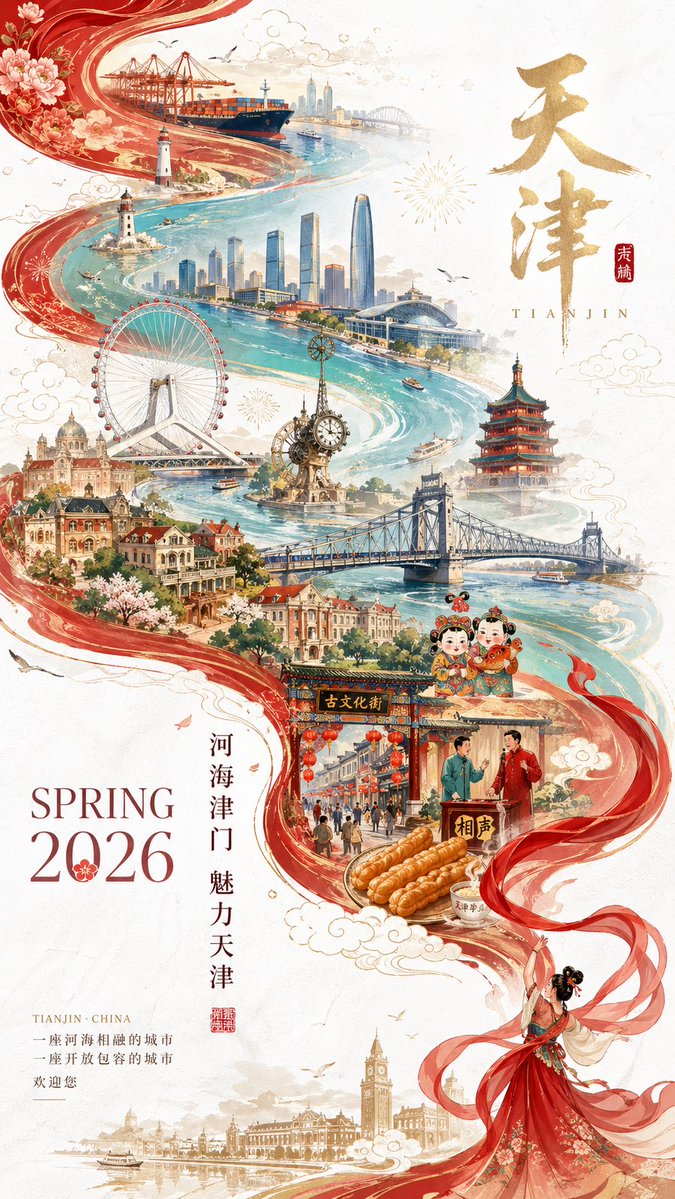 国潮双重曝光下的魅力天津城 / Guochao Double Exposure Tianjin，角色设计，海报、插画、角色，案例输出图 1