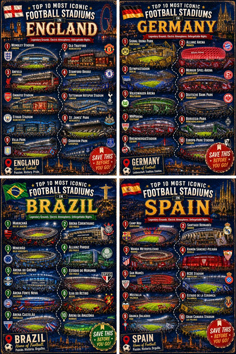 十大传奇足球场夜景海报 / Top 10 Legendary Stadiums，人像与摄影，人像、电影感、海报，案例输出图 1