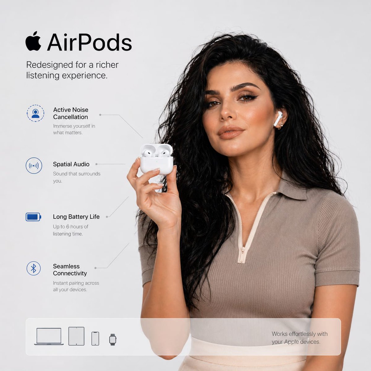 极简苹果风耳机产品广告 / Apple Airpods Ad，模型对比与社区，极简、排版、信息图，案例输出图 1