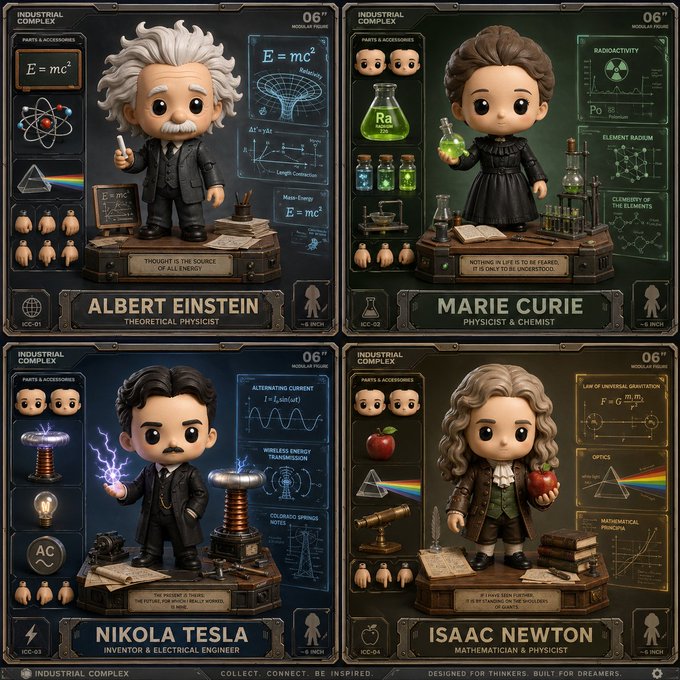 Q版科学家潮玩手办 / Q Version Scientist Toy，角色设计，角色、二次元、信息图，案例输出图 1