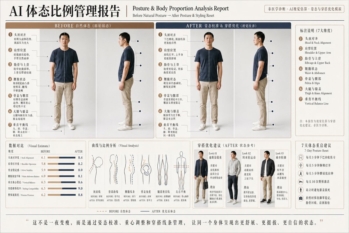 AI体态比例优化报告 / Ai Posture Analysis Report，模型对比与社区，时尚、海报、角色，案例输出图 1