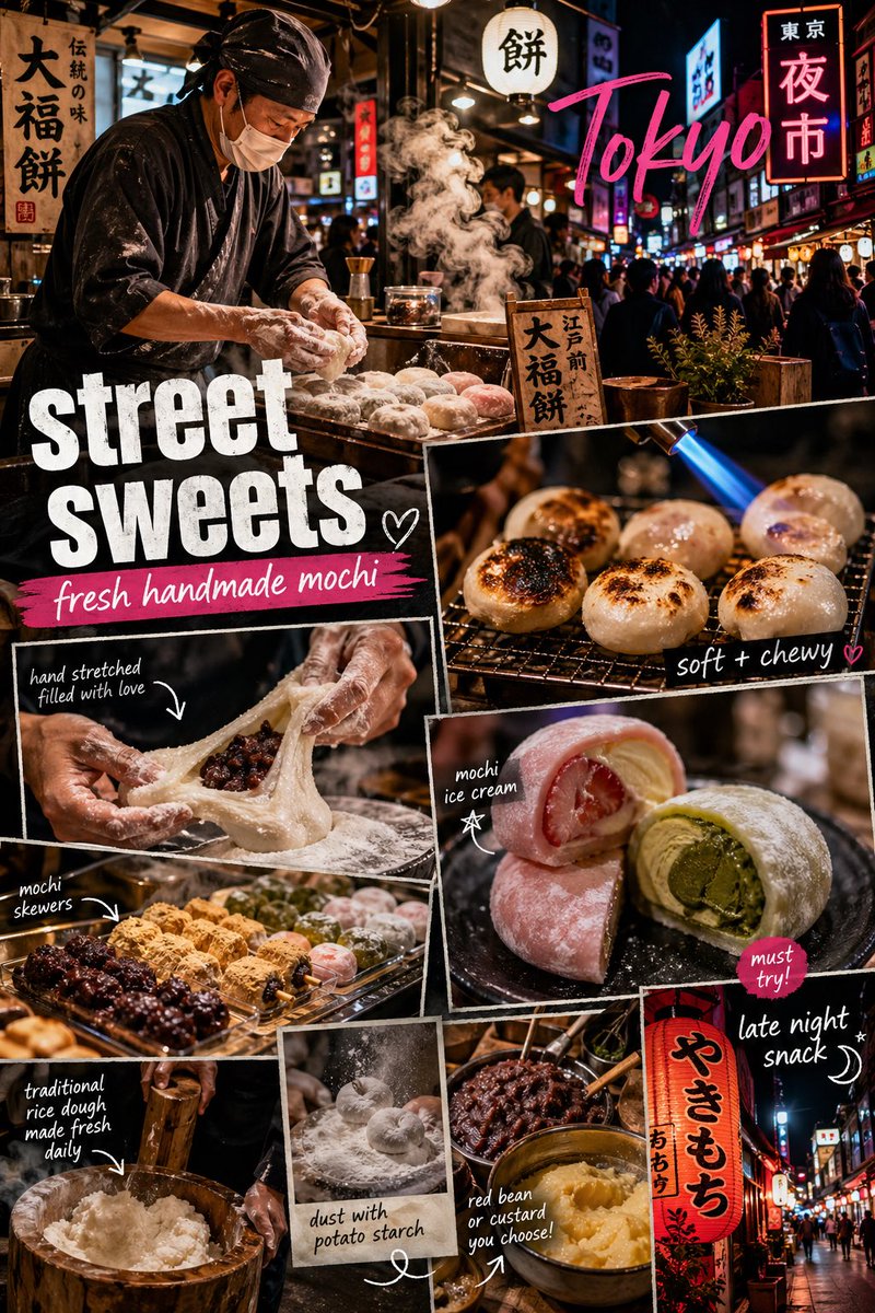 霓虹灯下的东京麻薯夜市 / Neon Tokyo Mochi Night Market，角色设计，霓虹、电影感、角色，案例输出图 1