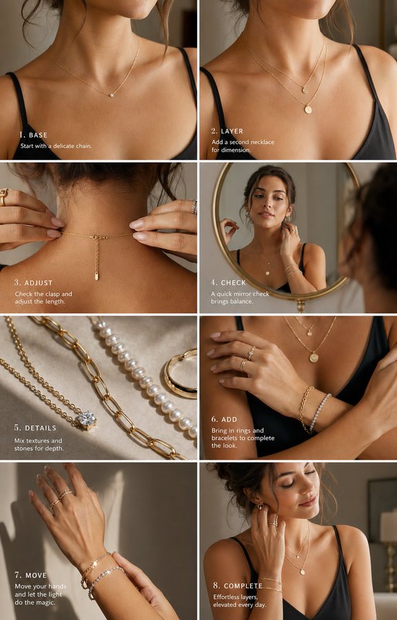 高级珠宝叠戴视觉指南 / Premium Jewelry Layering Guide，模型对比与社区，时尚、插画、极简，案例输出图 1