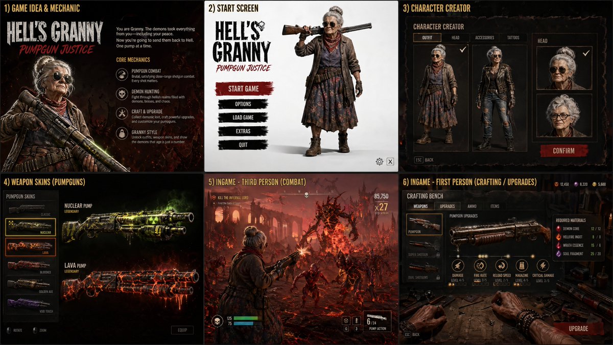 硬核老奶奶地狱猎魔战 / Hardcore Granny Hell，UI 与社交媒体截图，UI、截图、角色，案例输出图 1