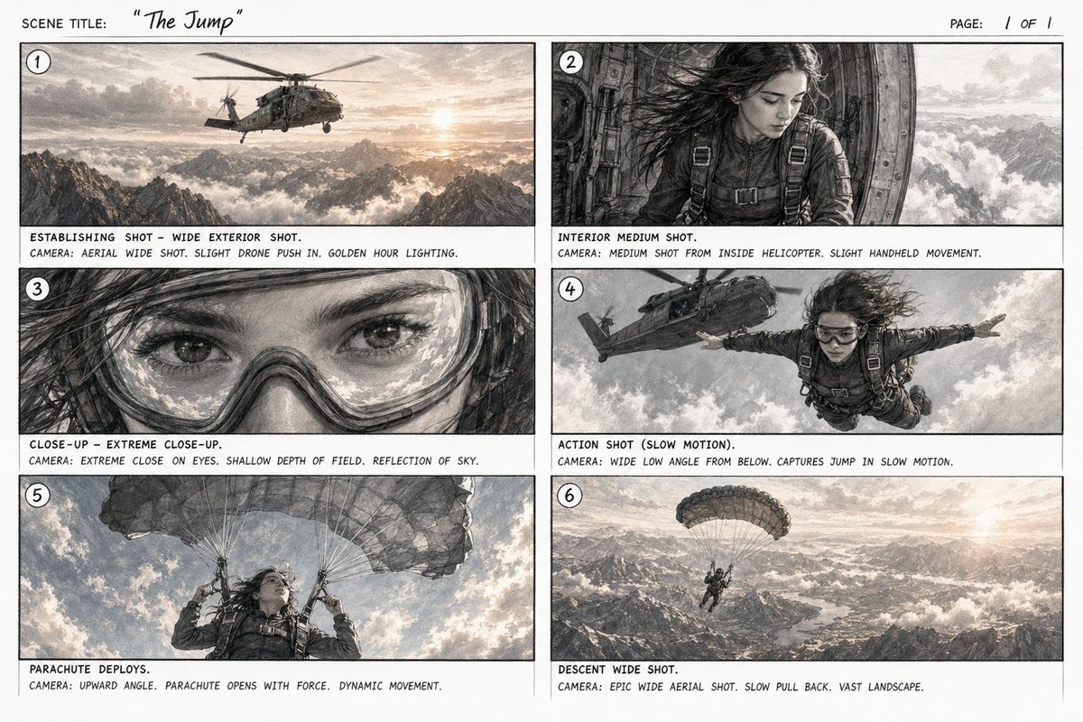 惊险跳伞电影分镜稿 / Thrilling Skydive Storyboard，角色设计，35mm、电影感、插画，案例输出图 1