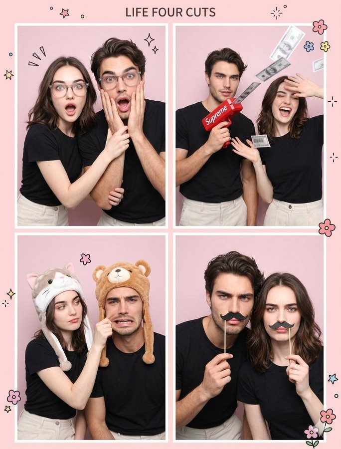 韩式大头贴情侣搞怪四宫格 / Korean Photobooth Couple Poses，人像与摄影，人像、插画、极简，案例输出图 1