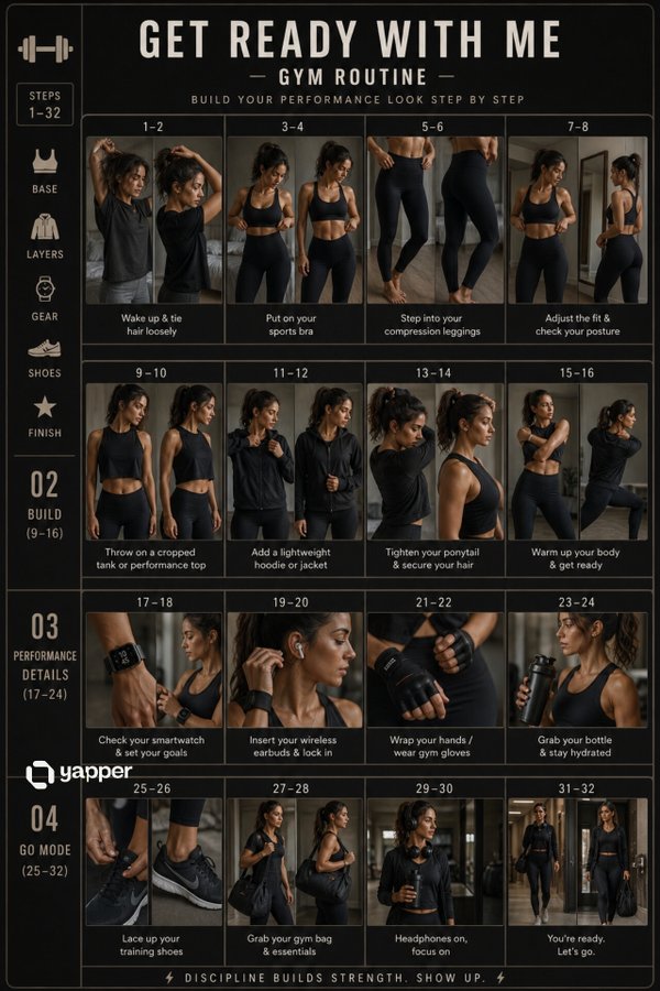 电影感健身房穿搭分镜海报 / Cinematic Gym Outfit Storyboard，角色设计，35mm、电影感、时尚，案例输出图 1