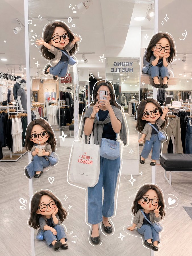 少女服装店镜子自拍与Q版分身 / Mirror Selfie With Chibi Clones，角色设计，人像、插画、角色，案例输出图 1
