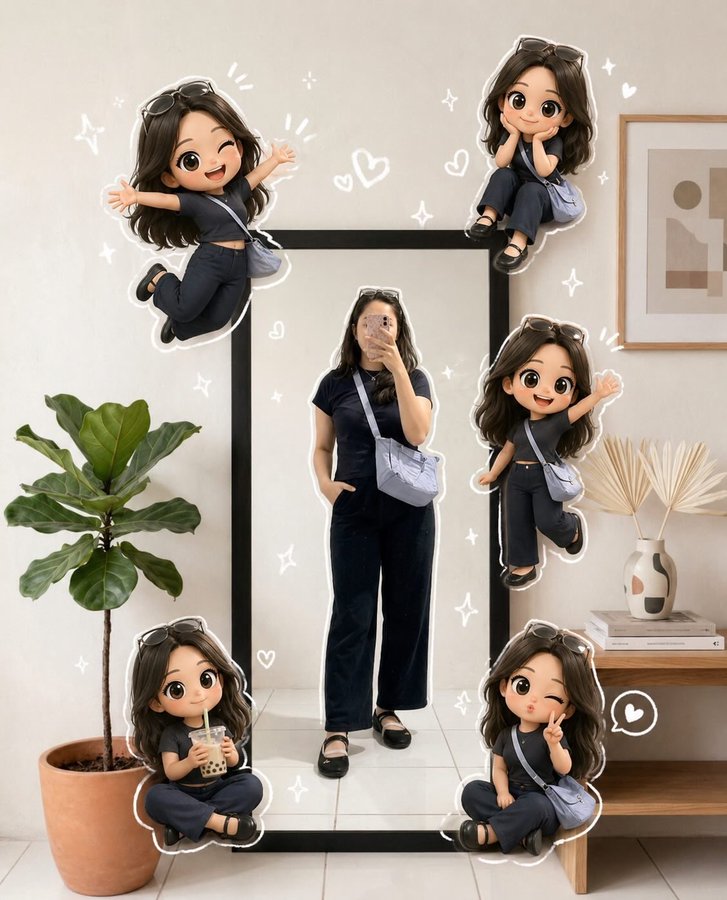极简家居里的Q版俏皮少女 / Minimalist Home Chibi Girl，角色设计，人像、角色、二次元，案例输出图 1