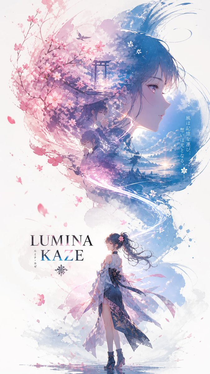 樱花风粒幻化动漫少女剪影 / Cherry Blossom Wind Silhouette，角色设计，电影感、海报、角色，案例输出图 1