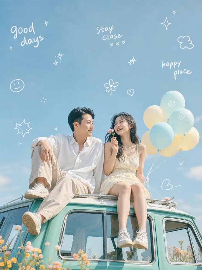 花海复古车旁的青春画卷 / Youthful Picture Beside Vintage Van In Flower Field，人像与摄影，35mm、人像、电影感，案例输出图 1