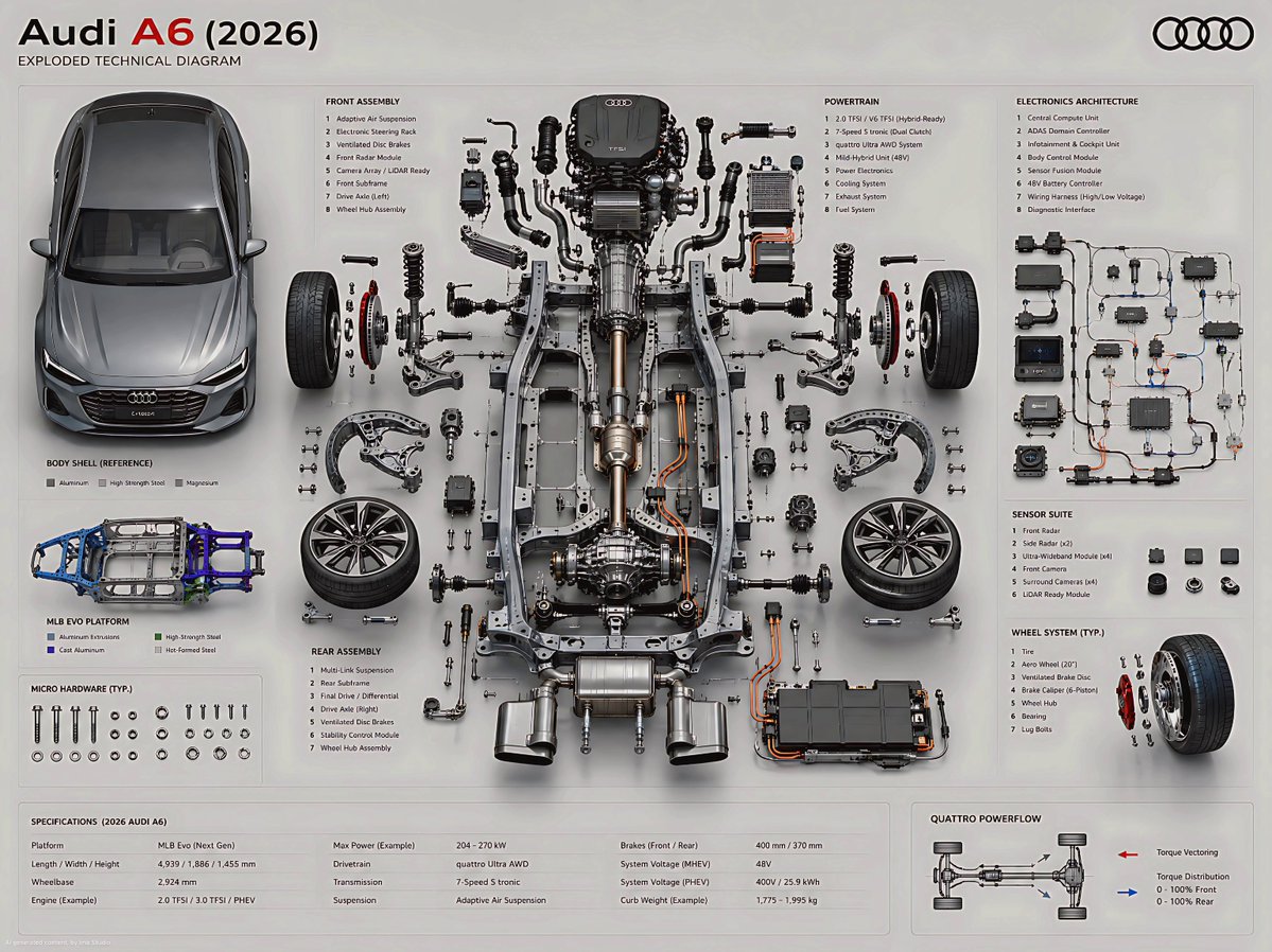 奥迪 A6 工程级拆解海报图 / Engineering Level Exploded Poster Of Audi A6，海报与插画，海报、插画、极简，案例输出图 1