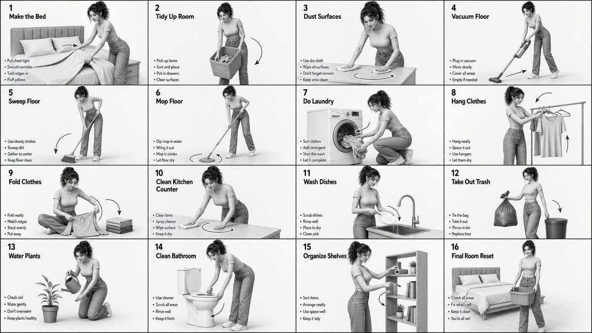 家庭家务 4x4 灰度故事板 / Grayscale Storyboard For Household Chores，角色设计，插画、角色、极简，案例输出图 1