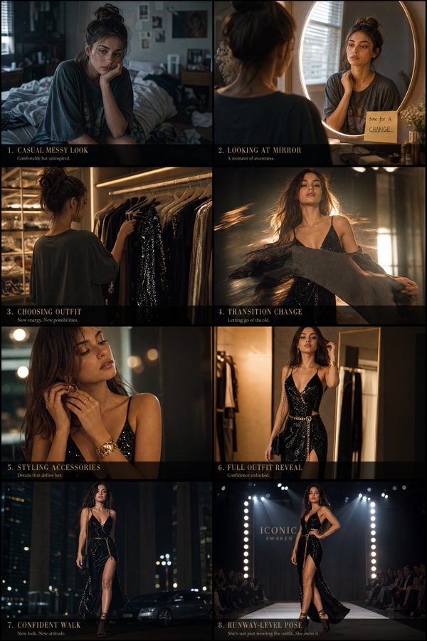 时尚转变故事板创作提示 / Fashion Transformation Storyboard Prompt，角色设计，电影感、时尚、插画，案例输出图 1