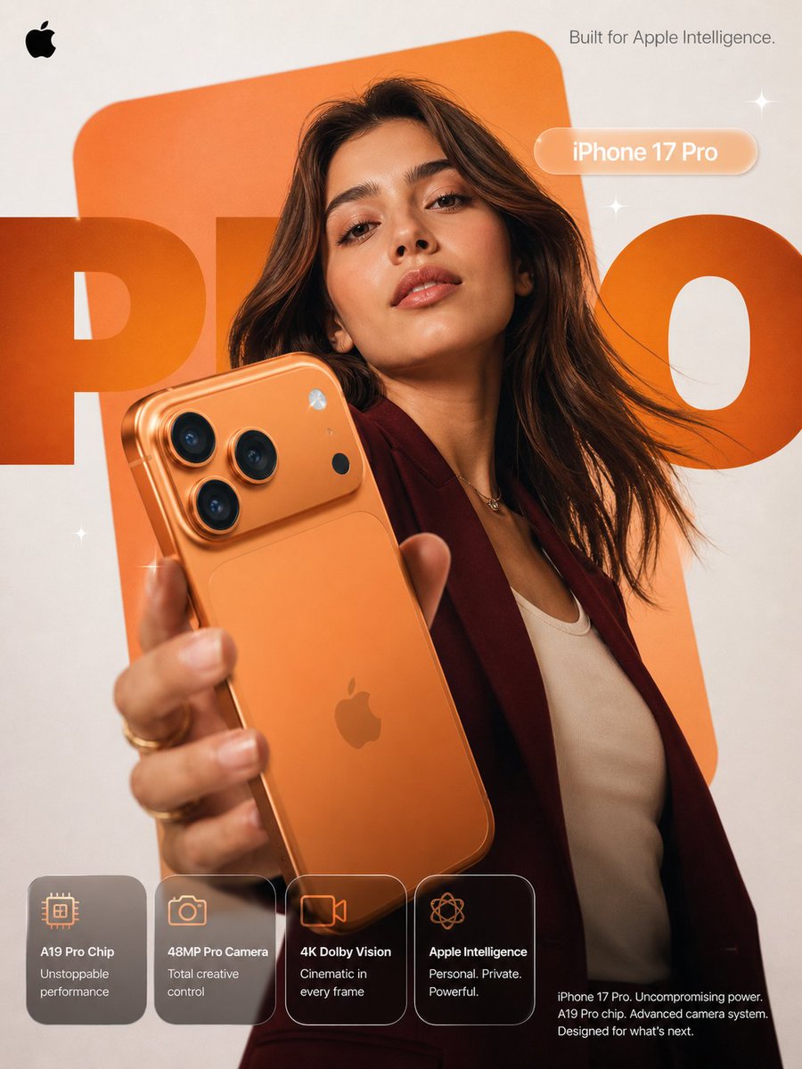 苹果风 iPhone 17 Pro 广告海报 / Apple Style Iphone 17 Pro Ad Poster，UI 与社交媒体截图，电影感、海报、UI，案例输出图 1