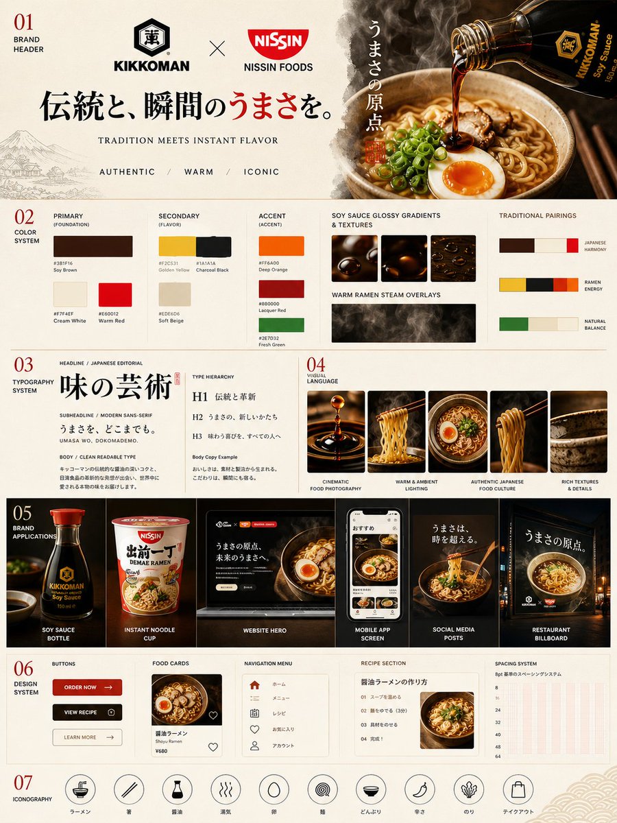 龟甲万与日清品牌体系海报 / Kikkoman Nissin Brand Identity System Poster，UI 与社交媒体截图，电影感、时尚、海报，案例输出图 1