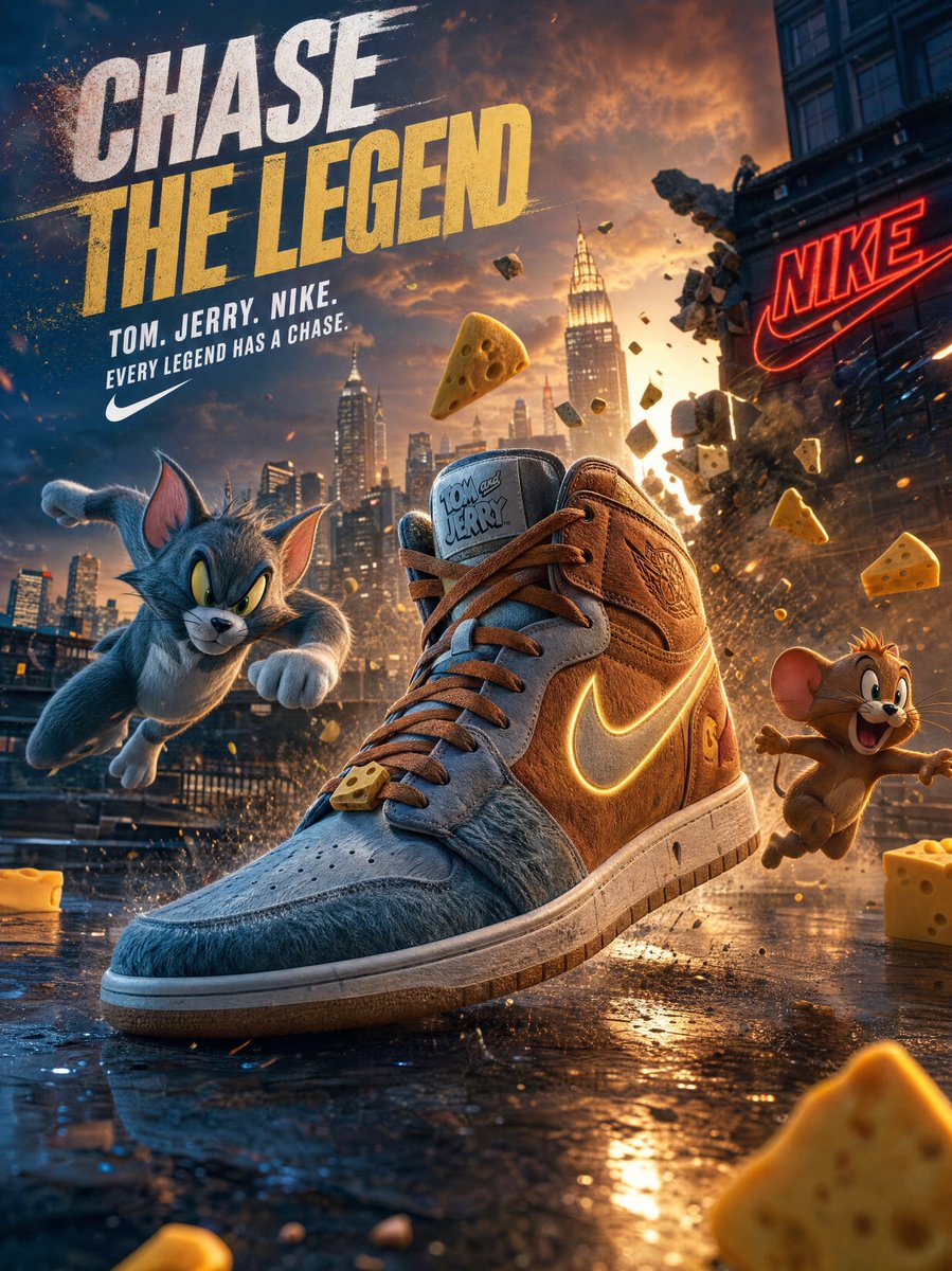 汤姆杰瑞耐克运动鞋海报 / Tom And Jerry Style Nike Sneaker Poster，角色设计，霓虹、电影感、时尚，案例输出图 1