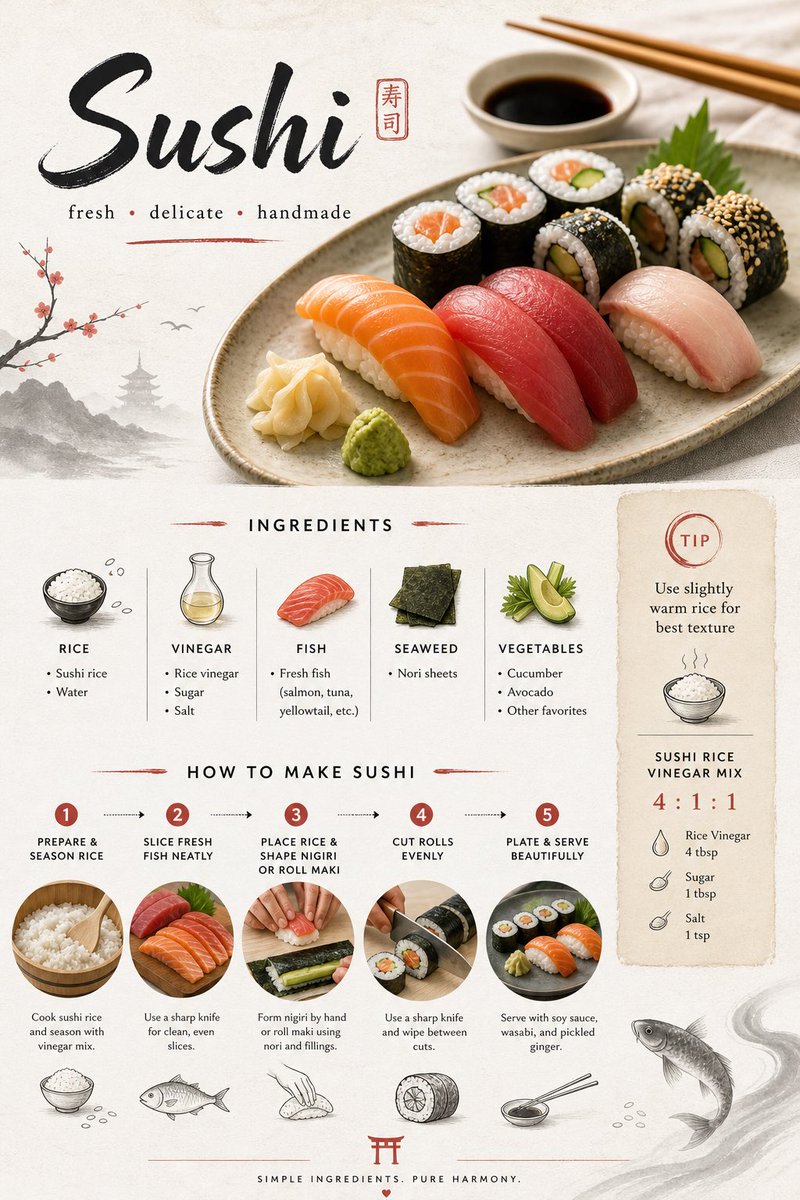 极简风日式寿司菜谱卡 / Minimal Style Japanese Sushi Recipe Card,海报与插画,时尚、海报、插画,案例输出图 1