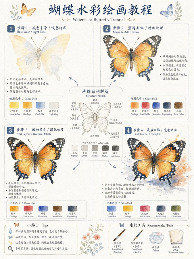 水彩绘画教程指南 / Watercolor Painting Four Step Guide，海报与插画，海报、插画、水彩，案例输出图 1