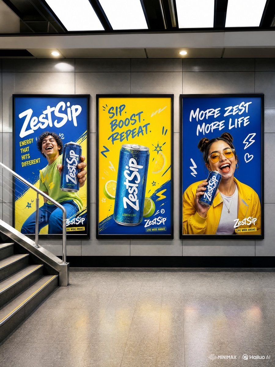 地铁站 ZestSip 活力广告 / Subway Station Zest Sip Energetic Ad Scene，海报与插画，海报、插画、品牌，案例输出图 1