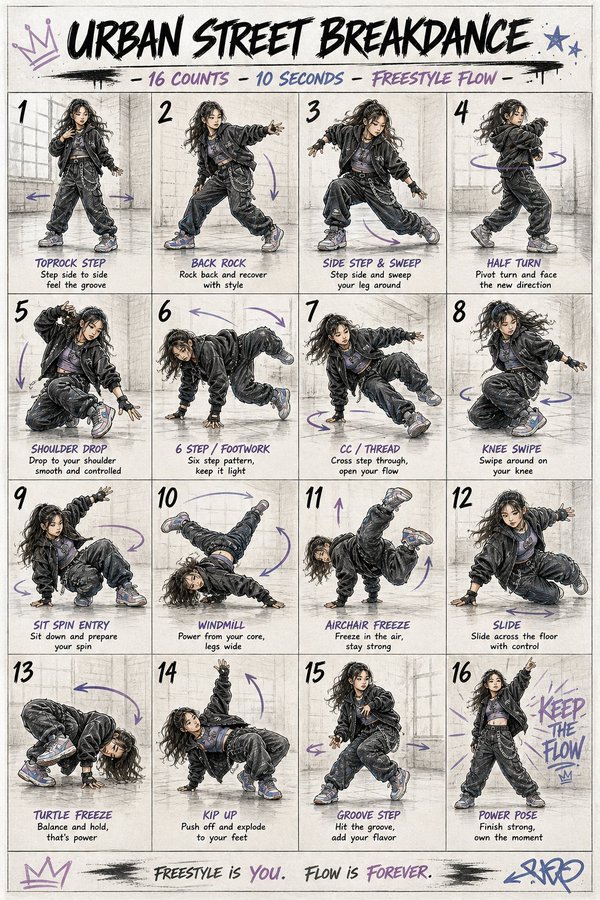 彩铅风街舞动作教程插画 / Colored Pencil Style Street Dance Move Tutorial Illustration，人像与摄影，人像、电影感、时尚，案例输出图 1