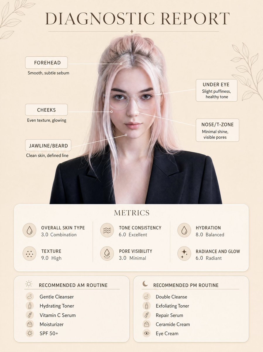 极简风护肤诊断报告海报 / Minimalist Skincare Diagnostic Report Poster，UI 与社交媒体截图，人像、海报、UI，案例输出图 1