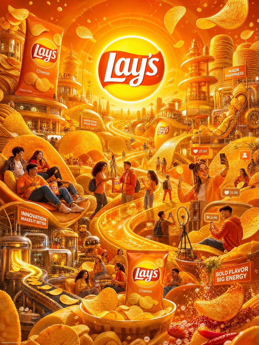 乐事薯片的沉浸式世界海报 / Lays Immersive Snack World Poster，UI 与社交媒体截图，35mm、电影感、海报，案例输出图 1