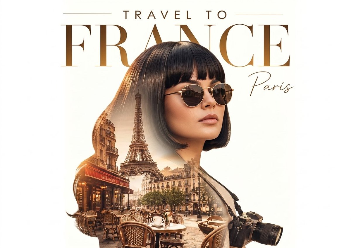 双曝风法国旅行高端海报 / Double Exposure High End Travel Poster For France，角色设计，电影感、时尚、海报，案例输出图 1