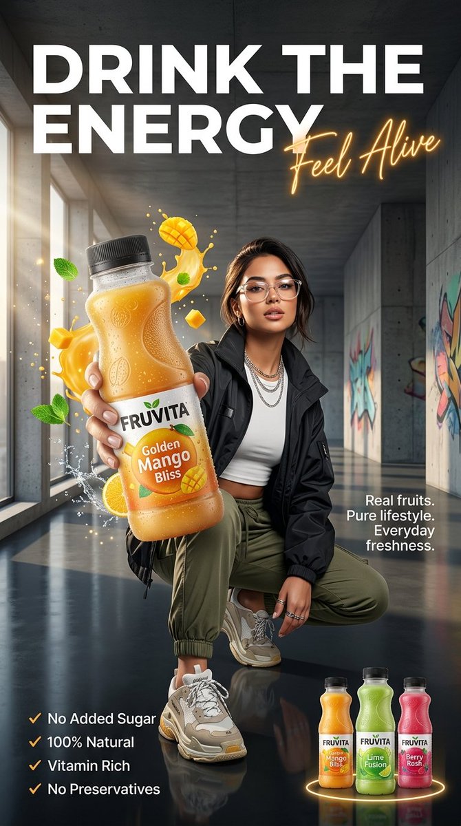 高端运动风果汁广告海报 / Ultra Premium Sporty Juice Advertisement Poster，人像与摄影，霓虹、人像、电影感，案例输出图 1