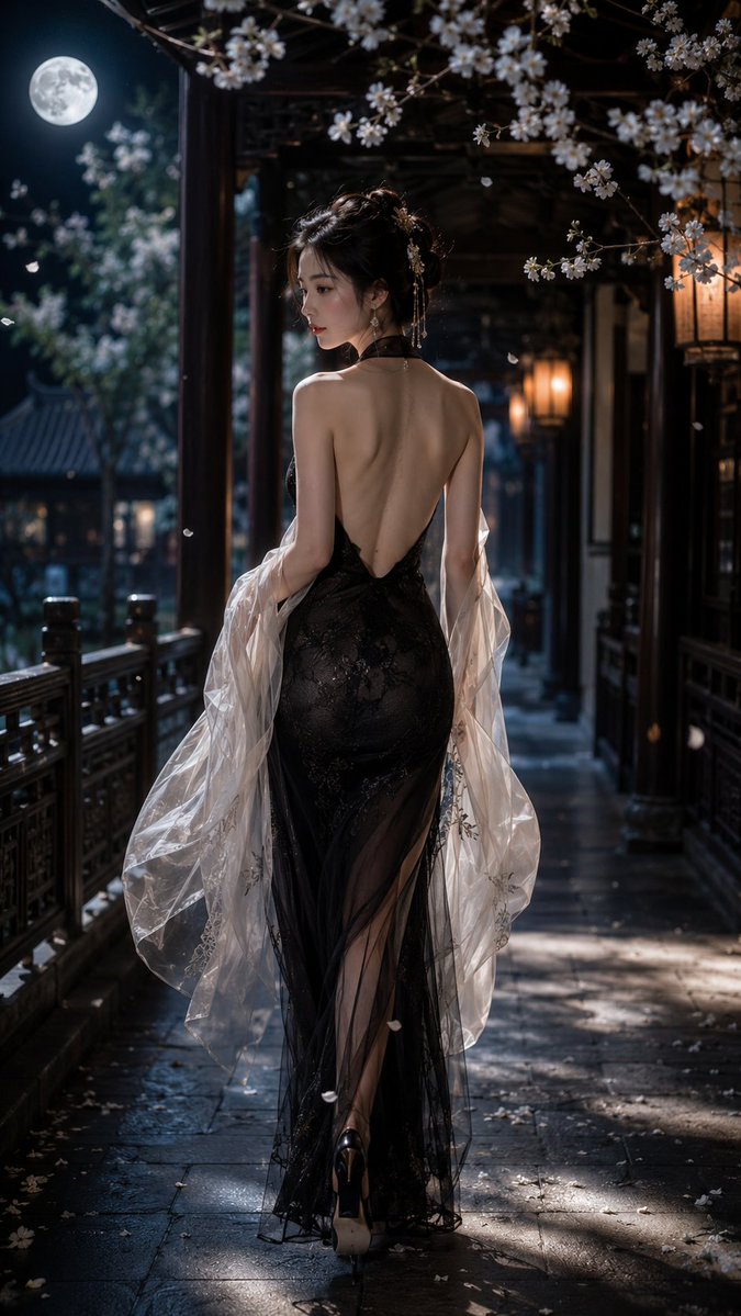 月光下古典回廊优雅女性 / Elegant Female In Classic Corridor Under Moonlight，人像与摄影，人像、电影感、竖版，案例输出图 1