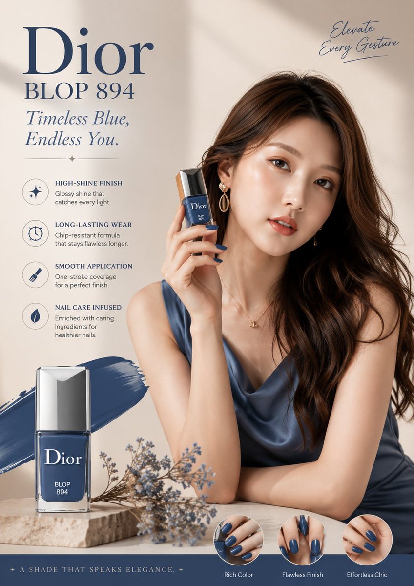 韩系奢华海军蓝甲油海报 / Korean Style Luxury Navy Nail Polish Poster，人像与摄影，人像、电影感、时尚，案例输出图 1
