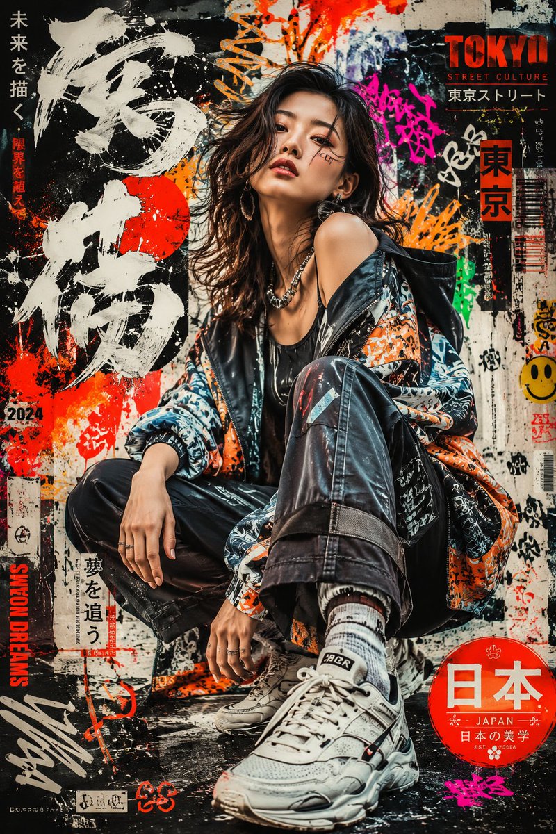 日系涂鸦风时尚人物海报 / Japanese Graffiti Style Fashionable Portrait Poster，人像与摄影，霓虹、人像、电影感，案例输出图 1