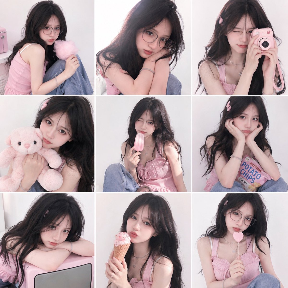 韩系软妹风 3x3 杂志拼贴 / Korean Soft Girl Style Magazine Collage，人像与摄影，人像、时尚、极简，案例输出图 1