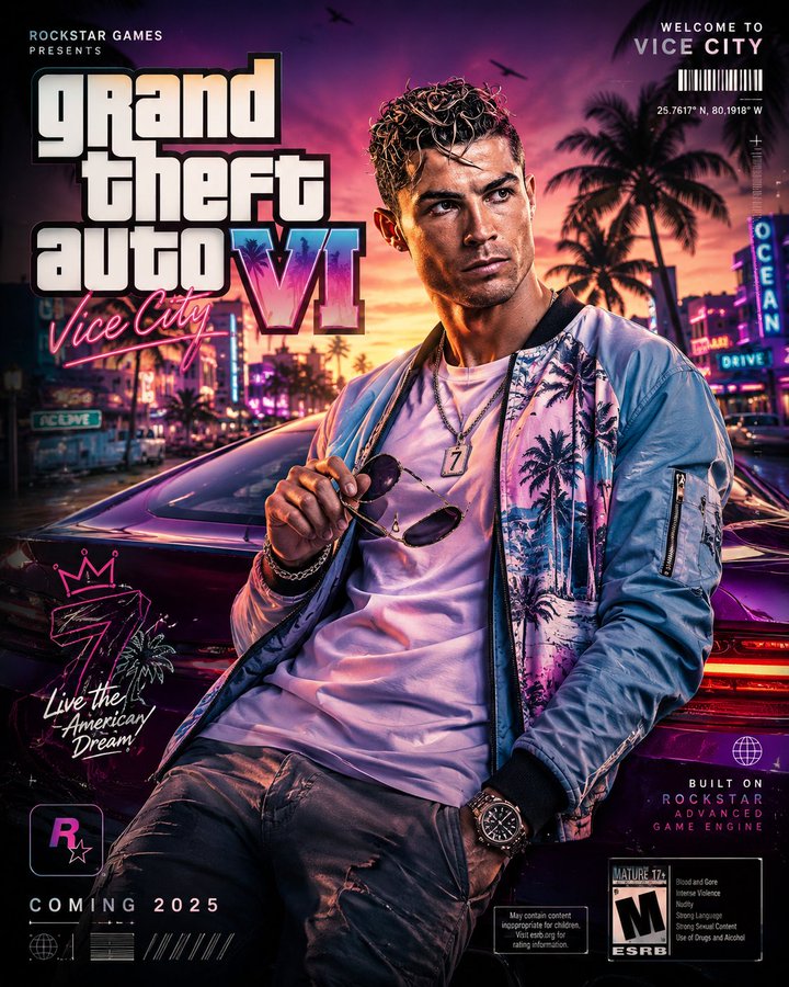 GTA VI 风格 8K 人像海报创作 / Gta Vi Style 8k Portrait Poster Creation，UI 与社交媒体截图，霓虹、人像、电影感，案例输出图 1