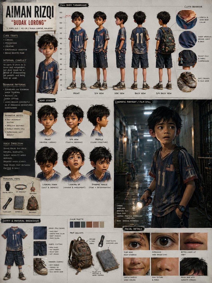 马来西亚动画角色设计展示板 / Malaysian Animated Character Design Board，角色设计，35mm、电影感、角色，案例输出图 1