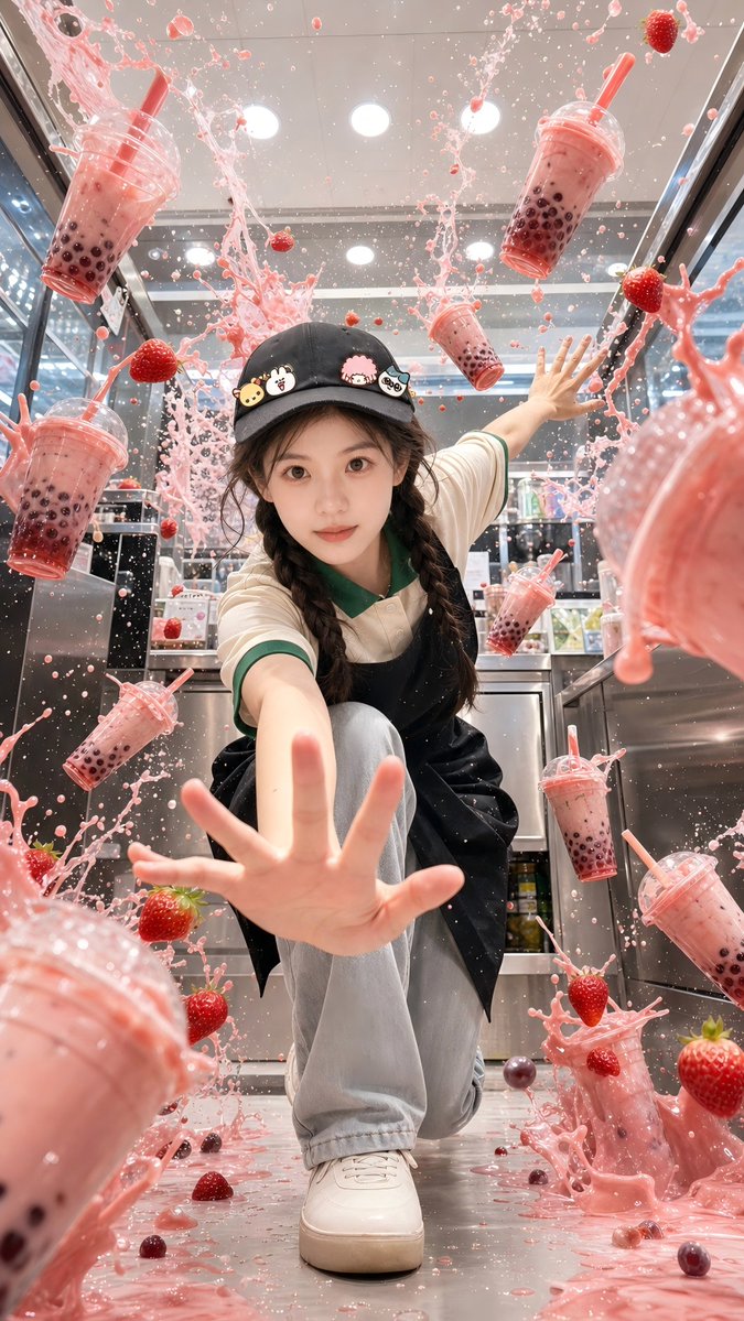 东亚女子奶茶店动感写真 / Dynamic Portrait Of East Asian Woman In Bbt Shop，角色设计，人像、插画、角色，案例输出图 1