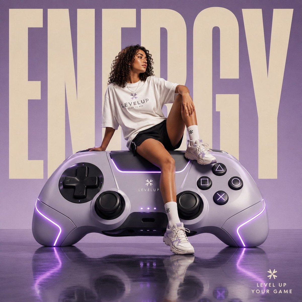 女孩坐巨型手柄时尚海报 / Girl On Giant Gaming Controller Fashion Poster，人像与摄影，霓虹、人像、电影感，案例输出图 1