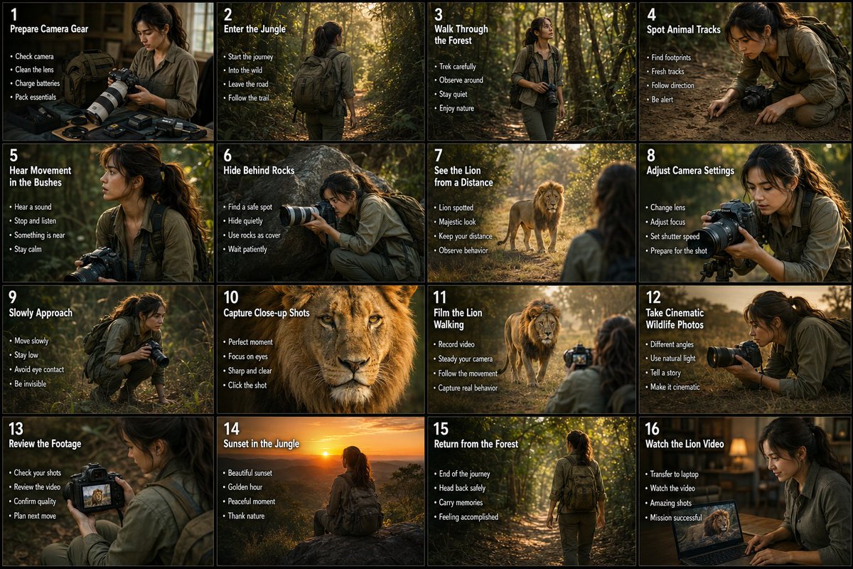 森林拍狮冒险故事板信息图 / Storyboard Infographic Of Lion Shooting Adventure In Forest,角色设计,35mm、电影感、插画,案例输出图 1