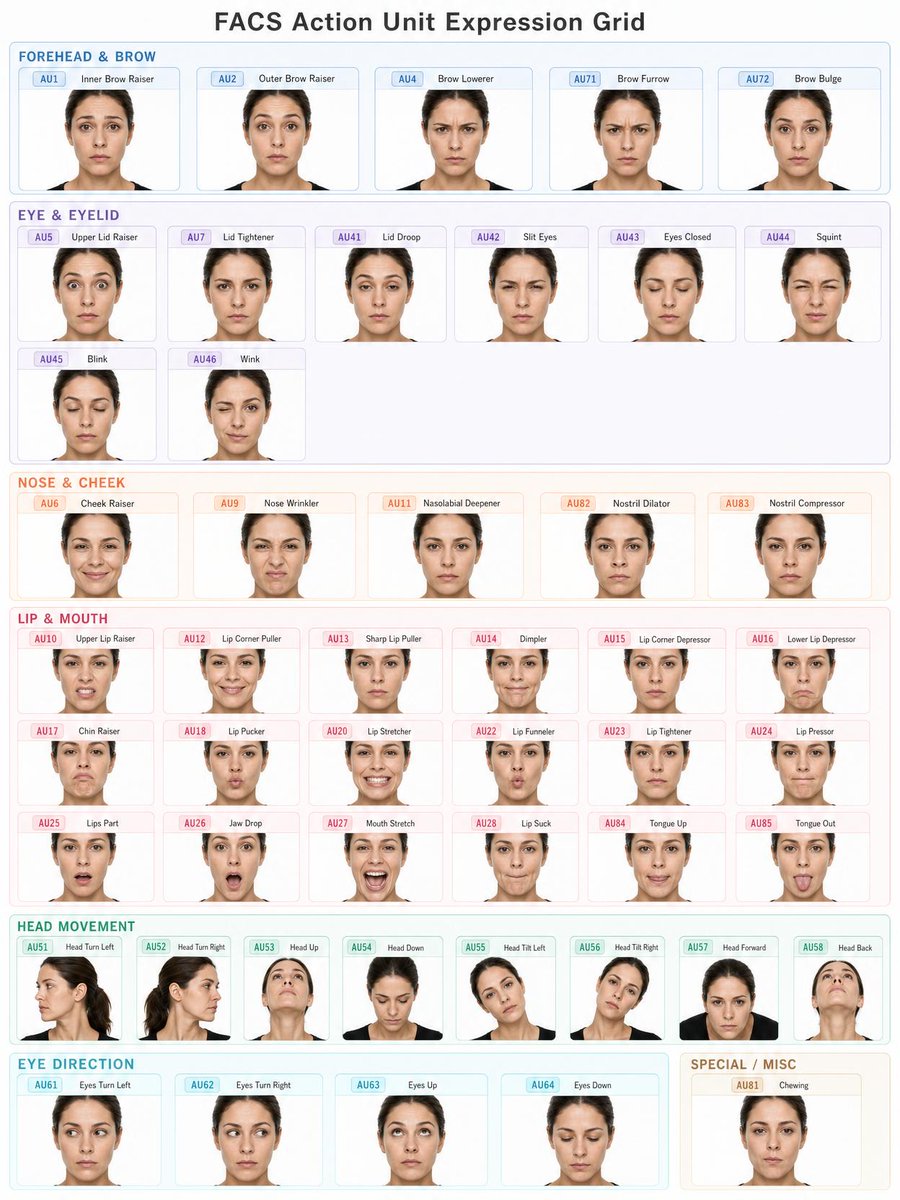 成人女性 FACS 表情单元网格 / Facs Action Unit Expression Grid For Adult Female,角色设计,角色、极简、角色设计,案例输出图 1