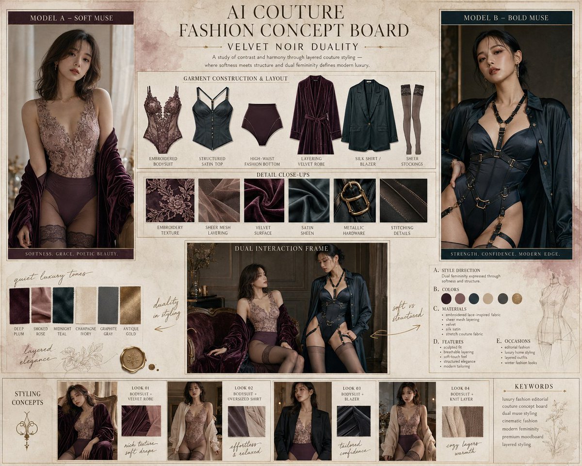 中式 AI 内衣套装风格提案板 / Chinese Style Ai Innerwear Set Style Proposal Board,人像与摄影,人像、时尚、极简,案例输出图 1