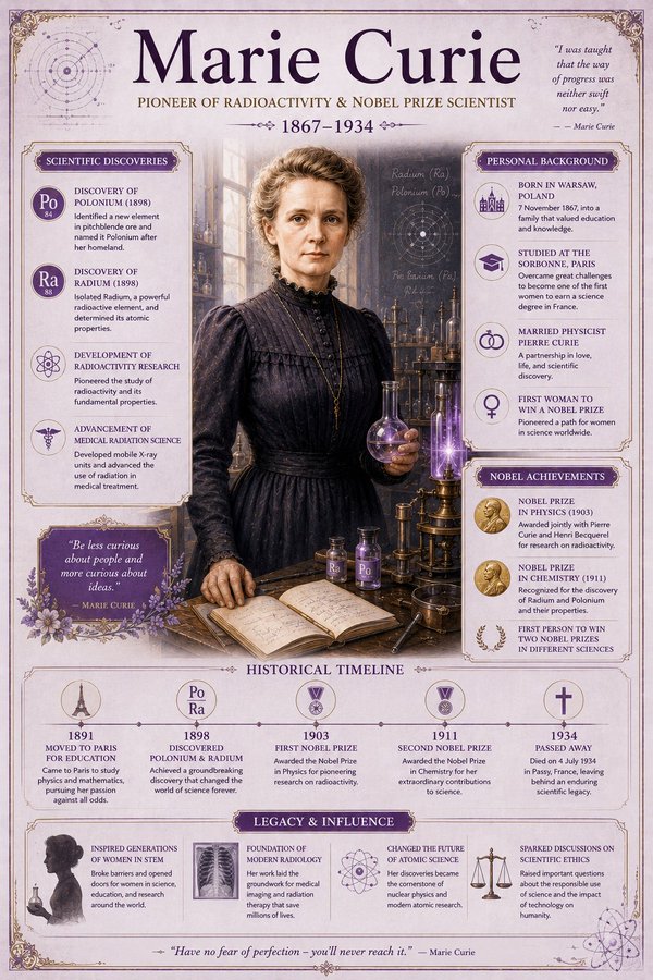 高端复古风居里夫人科普图 / Premium Vintage Style Educational Infographic Of Marie Curie,模型对比与社区,人像、电影感、时尚,案例输出图 1