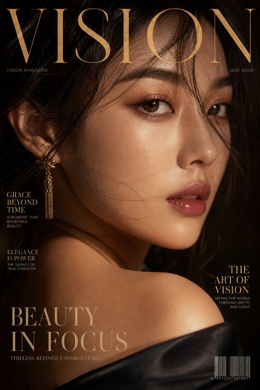 特写亚洲优雅女性杂志封面 / Extreme Close Up Asian Elegant Woman Magazine Cover，人像与摄影，人像、电影感、时尚，案例输出图 1