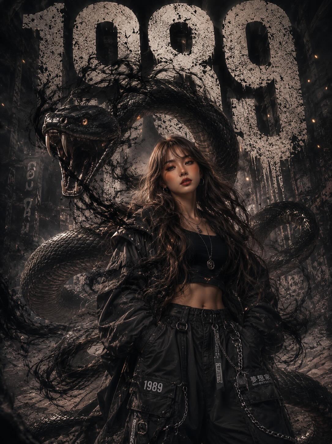 亚洲美女与巨蟒时尚写真 / Asian Beauty And Python Fashion Shot，角色设计，人像、电影感、时尚，案例输出图 1