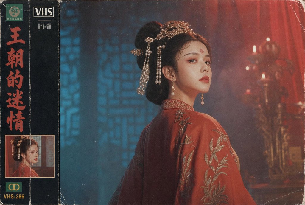 古仕女复古录像带风格像 / Ancient Court Lady In Vintage Vhs Style,角色设计,35mm、人像、电影感,案例输出图 1
