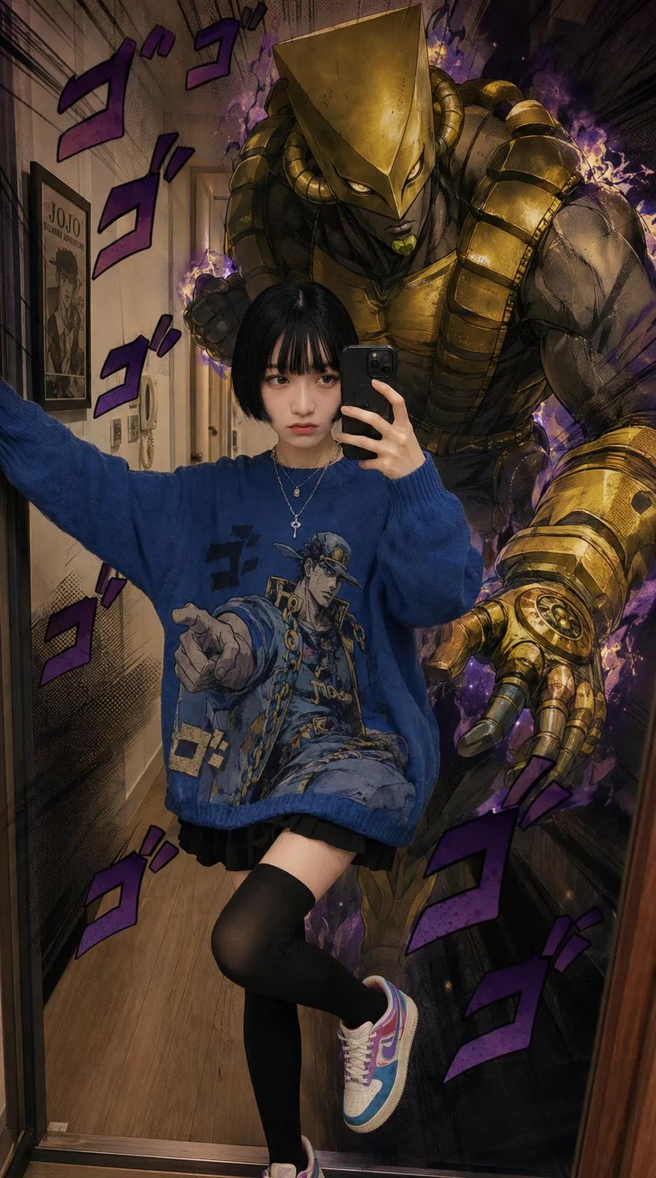 女孩与 “世界” 的动漫风自拍 / Girl And The World Stand Anime Selfie，角色设计，人像、电影感、时尚，案例输出图 1