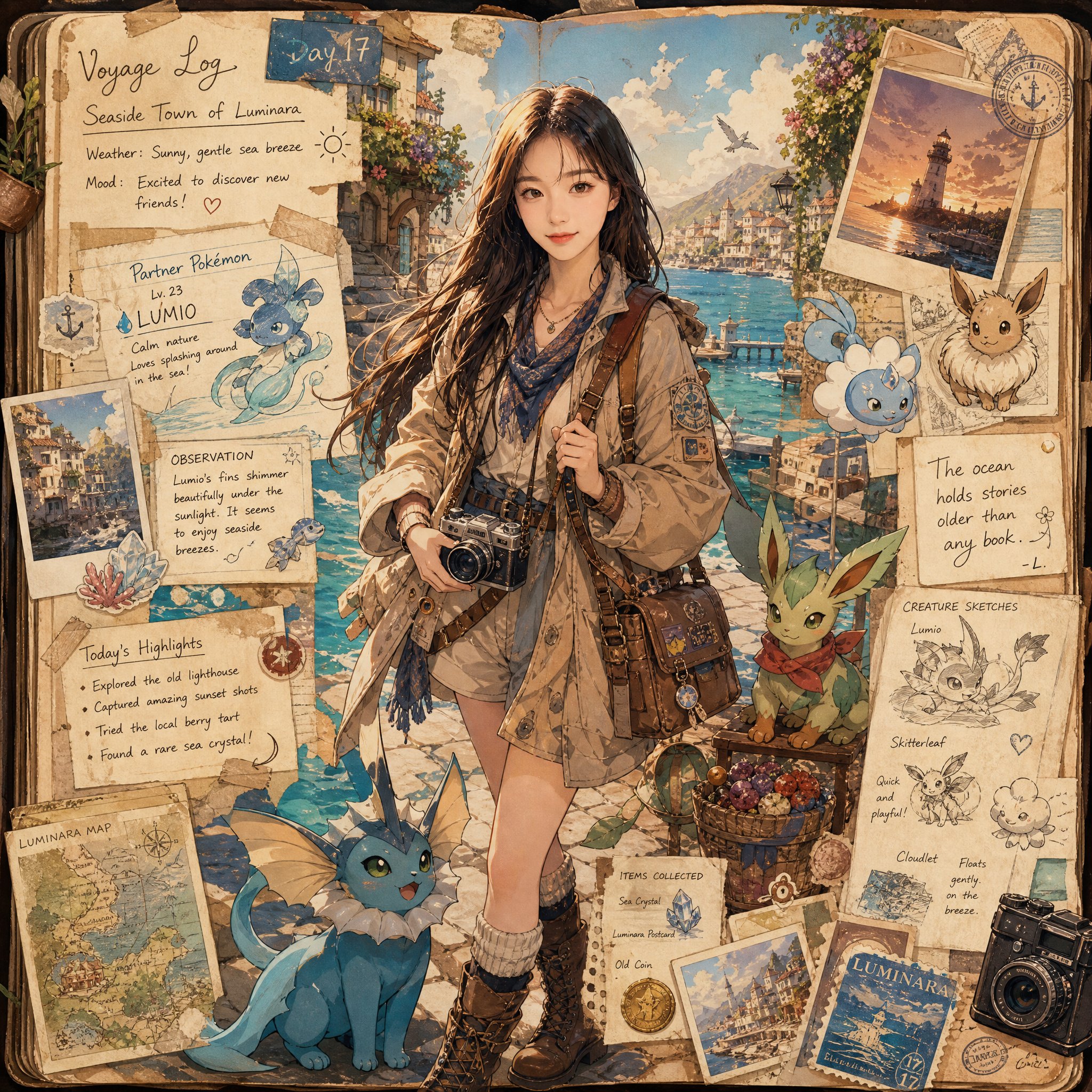 复古风幻想驯兽师手账插画 / Vintage Style Fantasy Trainer In Journal Illustration，角色设计，霓虹、电影感、时尚，案例输出图 1